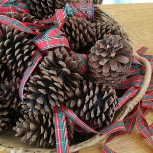 #6 PAIR GIANT Plaid Ribbon Festooned Pinecones for Wreath or Garland